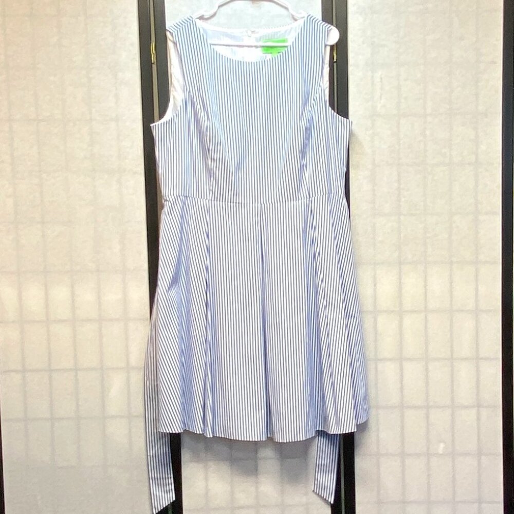 Pappagallo Fit & Flare Pleated Midi Dress Lined Stripe Blue White 16 Sleeveless